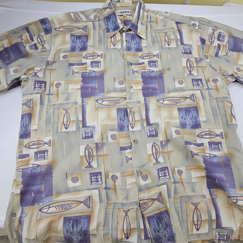 Campia Moda Mens Large Abstract Fish Print Cotton Short Sleeve Button Down Shirt